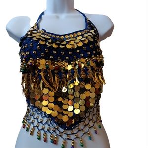 Belly Dancing Lightly Padded Halter Top or Costume Blue and gold Like New